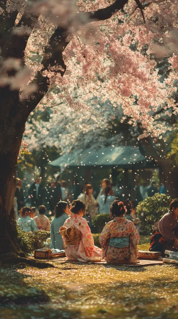 Two women in vibrant kimonos sit under a blossoming cherry tree, petals gently falling around them.  A tranquil scene unfolds, with other people blurred in the background amidst the pink blossoms.  The atmosphere is serene and peaceful, capturing the beauty of spring in Japan.  A picnic blanket lies beneath them, suggesting a moment of quiet contemplation and enjoyment.