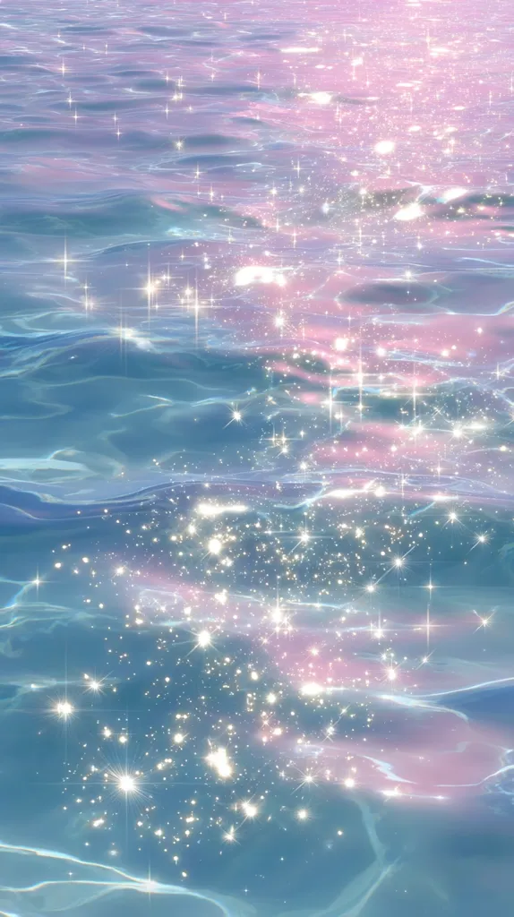 The image shows a dreamy, ethereal scene of water shimmering with light.  Gentle waves ripple across the surface, creating a calming effect.  Numerous sparkling particles, resembling glitter or stars, are scattered throughout the water, adding a magical and whimsical quality to the scene. The overall color palette is soft and pastel, with shades of blue, pink, and white dominating.
