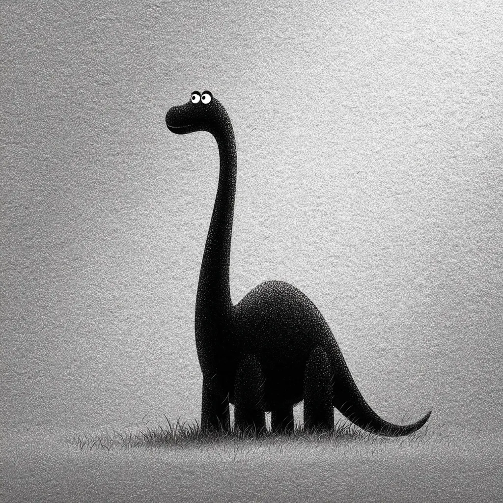 A stylized black-and-white illustration depicts a cartoonish apatosaurus.  The dinosaur, rendered with a textured, almost stippled effect, stands in short grass against a grainy, light gray background. Its large eyes are accentuated, giving it a whimsical, slightly curious expression. The overall style is minimalist and slightly melancholic.