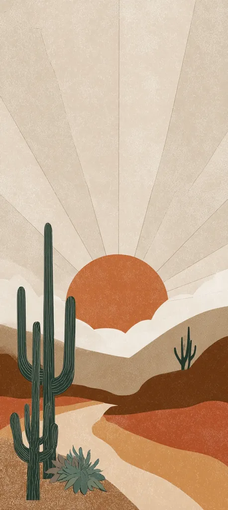 A stylized desert landscape features a large saguaro cactus in the foreground, with a smaller cactus in the background.  A large, orange sun dominates the sky, its rays emanating outwards in a sunburst pattern.  A winding, pale path meanders through the earthy-toned hills, creating a tranquil and minimalist scene. The overall aesthetic is calm and evocative of a southwestern desert sunset.