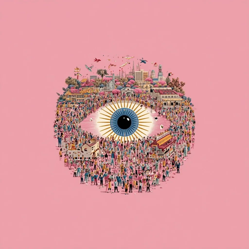 A vibrant illustration depicts a large eye formed by a multitude of tiny people.  The iris is a striking blue, radiating outwards.  Above the eye, a miniature cityscape unfolds, complete with buildings, trees, and airplanes, suggesting a bustling urban environment. The overall style is whimsical and detailed, creating a striking visual metaphor.