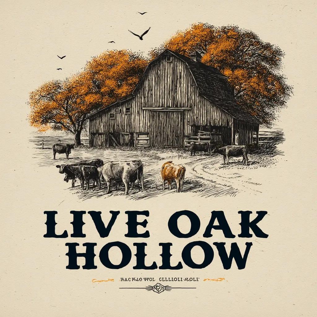 A hand-drawn illustration depicts a rustic wooden barn nestled amongst autumnal trees.  Several cattle graze peacefully in the surrounding pasture.  The scene is idyllic and evokes a sense of rural tranquility.  The words "LIVE OAK HOLLOW" are prominently displayed beneath the image, suggesting a place name or brand.  The overall style is vintage and reminiscent of classic Americana.