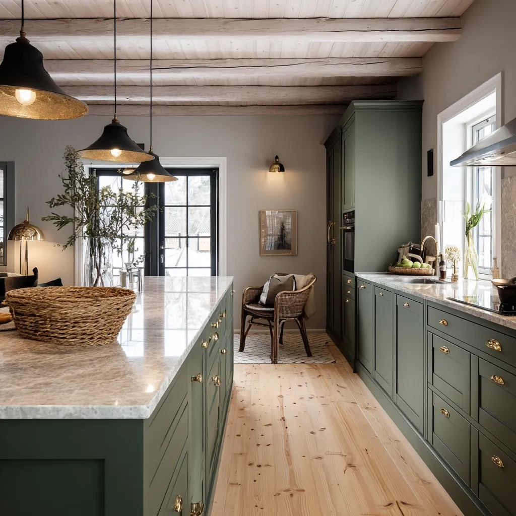 A farmhouse kitchen boasts a large marble island with dark green cabinetry and brass hardware.  Three black pendant lights hang above the island, illuminating the space.  The kitchen features dark green wall cabinets, a light wood floor, and large windows letting in natural light.  A woven chair and basket add textural warmth to the room's sophisticated, rustic design.  The overall aesthetic is calm and inviting.
