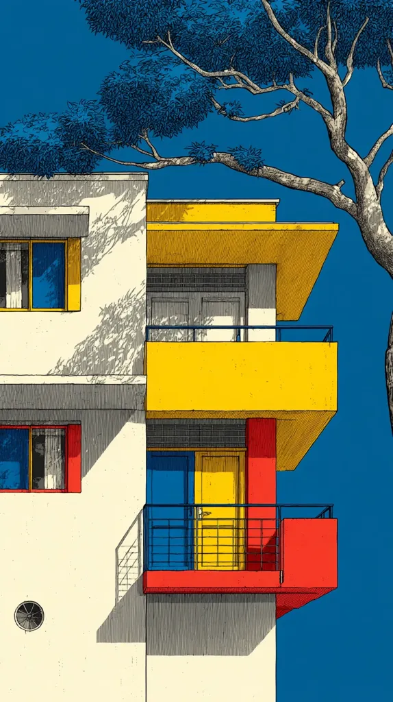 A stylized illustration depicts a building's corner against a vibrant blue sky.  The building features bold blocks of yellow, red, and blue, contrasting with the off-white walls.  A large tree's shadow falls across the building's facade.  The scene is rendered with precise lines and bold colors, suggesting a minimalist architectural style.  Balconies with metal railings add detail.