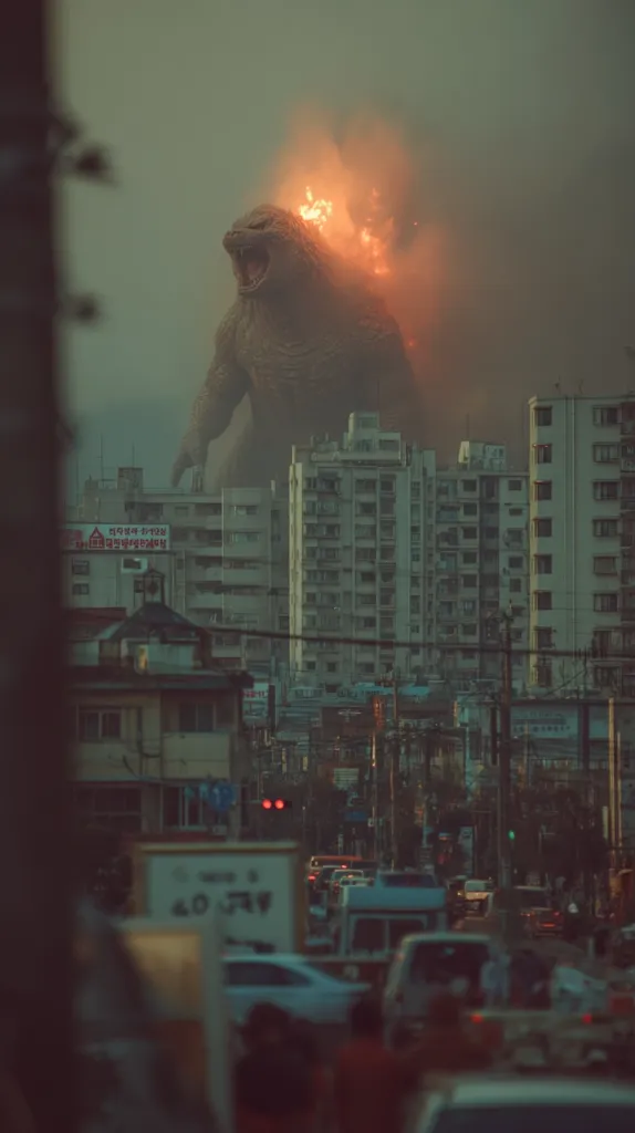 A colossal monster, engulfed in flames, looms over a city skyline.  Buildings and vehicles are dwarfed by its immense size, creating a scene of impending destruction.  The atmosphere is thick with smoke and a sense of impending doom. The image is filtered in muted tones, adding to the apocalyptic feel. The perspective is from street level, emphasizing the monster's overwhelming presence.