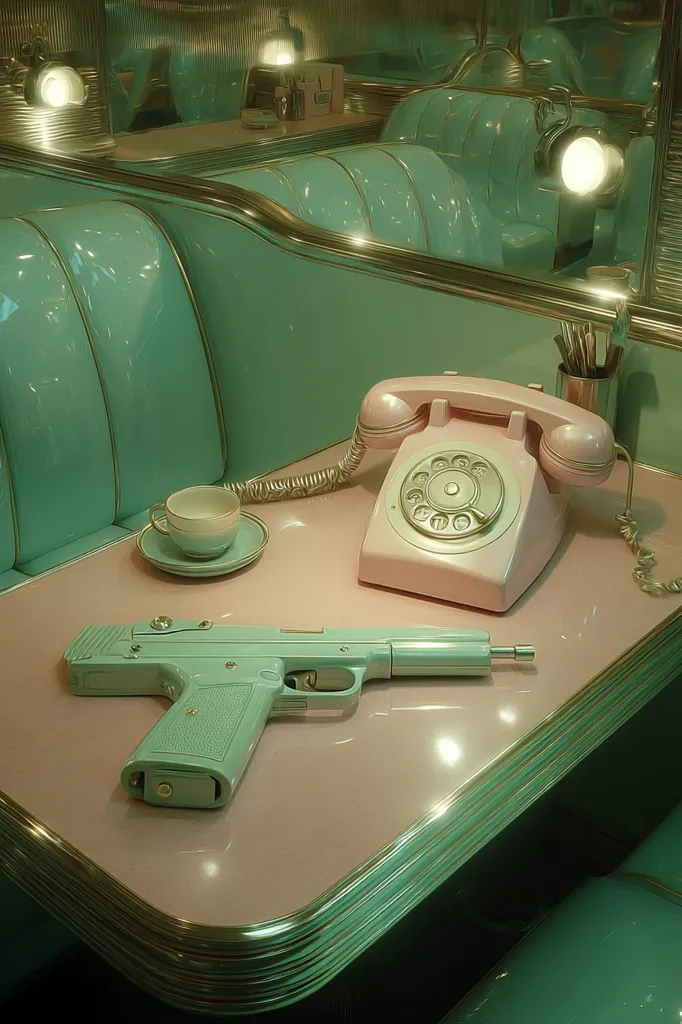 A pastel pink rotary phone and a light teal handgun rest on a mint green diner booth table.  A small cup and saucer sit beside the phone. The scene is set in a retro-style diner with teal booths and chrome accents.  The overall aesthetic is calm yet unsettling, contrasting the domestic setting with the presence of the firearm.  Soft lighting enhances the vintage feel.