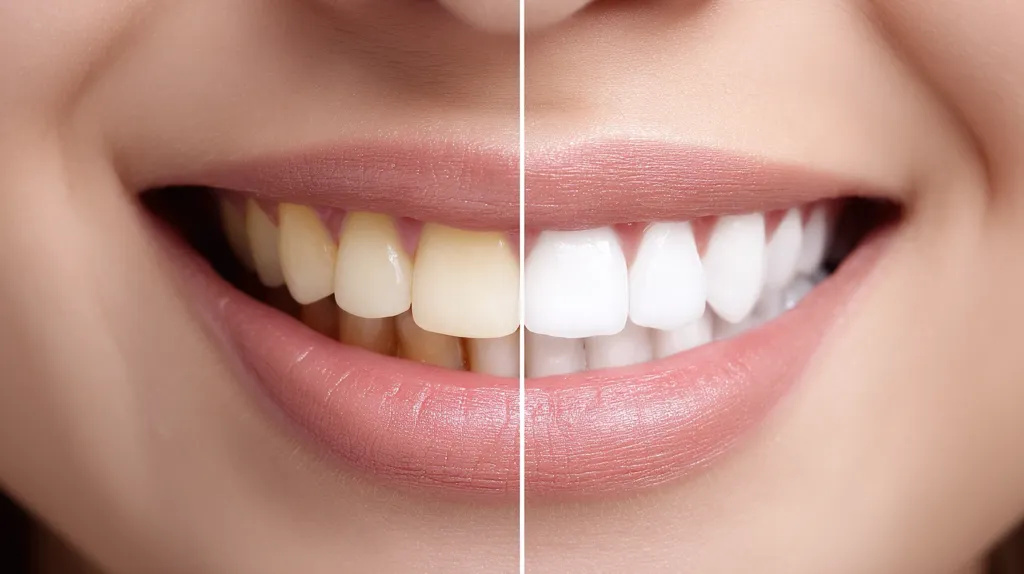 A close-up split image showcases the dramatic effect of teeth whitening.  The left half reveals yellowed teeth, while the right half displays the same teeth significantly brightened to a pearly white.  The image highlights the transformation achieved through professional teeth whitening treatments, emphasizing the difference in color and overall appearance.