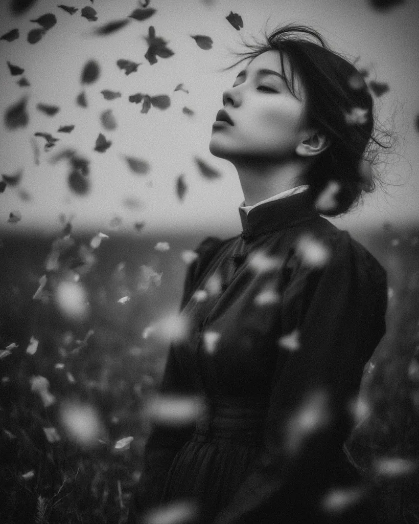 A black and white portrait of a young woman with her eyes closed, standing in a field with petals falling around her.  She wears a dark, high-collared dress. The image evokes a serene, melancholic mood, with the soft focus on the falling petals adding to the ethereal atmosphere.  The overall tone is one of quiet contemplation and beauty.
