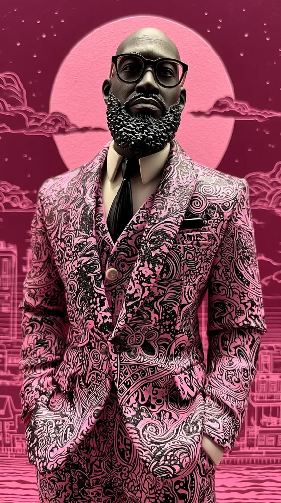 A striking portrait of a bald, Black man in a vibrant pink three-piece suit adorned with a bold black paisley pattern.  He wears glasses and has a meticulously groomed beard.  The background features a stylized pink moon, clouds, and a cityscape, creating a dramatic and artistic effect.  The overall mood is sophisticated and powerful.