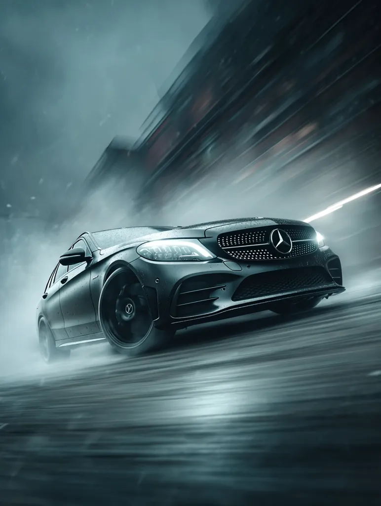 A dark gray Mercedes-Benz C-Class sedan powers through a rain-slicked street at high speed.  The motion blur emphasizes the car's velocity and the wet conditions.  The background shows blurred city lights and buildings, adding to the dynamic feel of the image. The car appears to be drifting slightly, showcasing its handling capabilities.