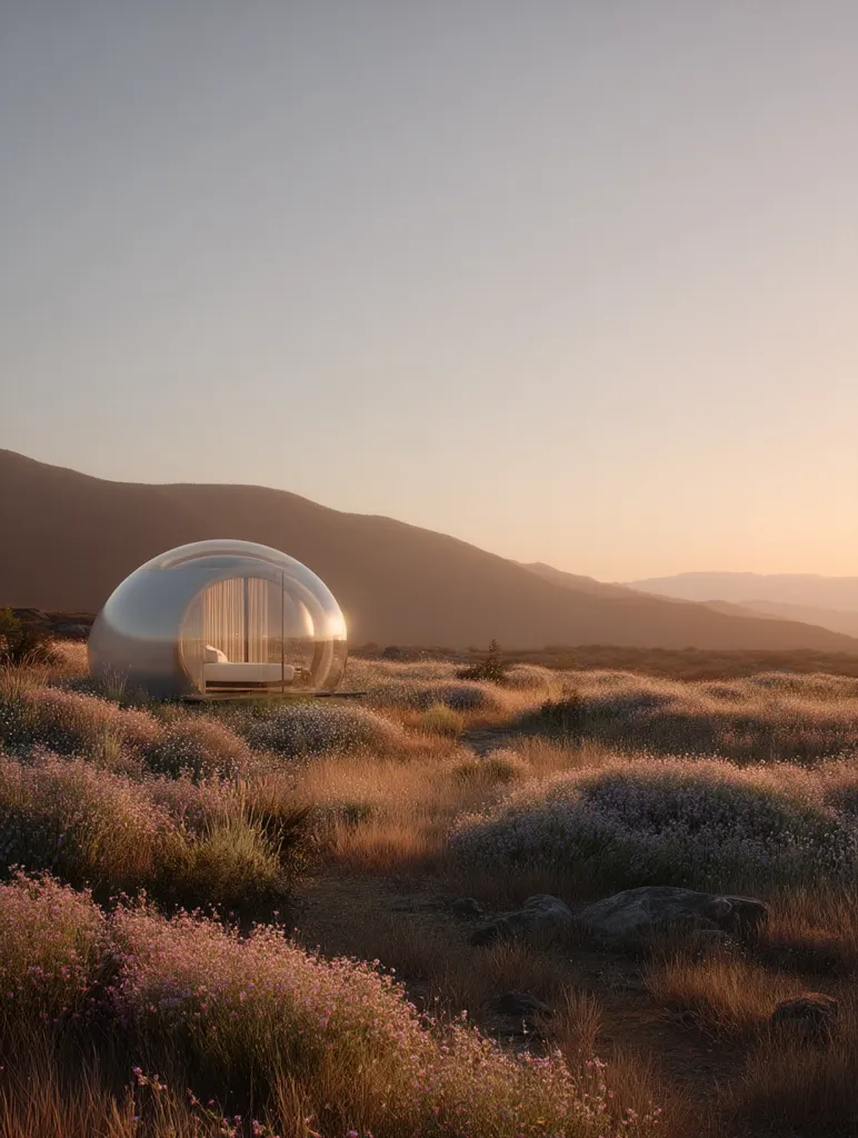 A minimalist, silver, dome-shaped structure sits nestled in a field of wildflowers.  The setting sun casts a warm glow over the landscape, highlighting the gentle slopes of the surrounding hills.  Inside the dome, a bed is visible, offering a secluded and tranquil retreat in nature. The scene evokes a sense of peace and escape.