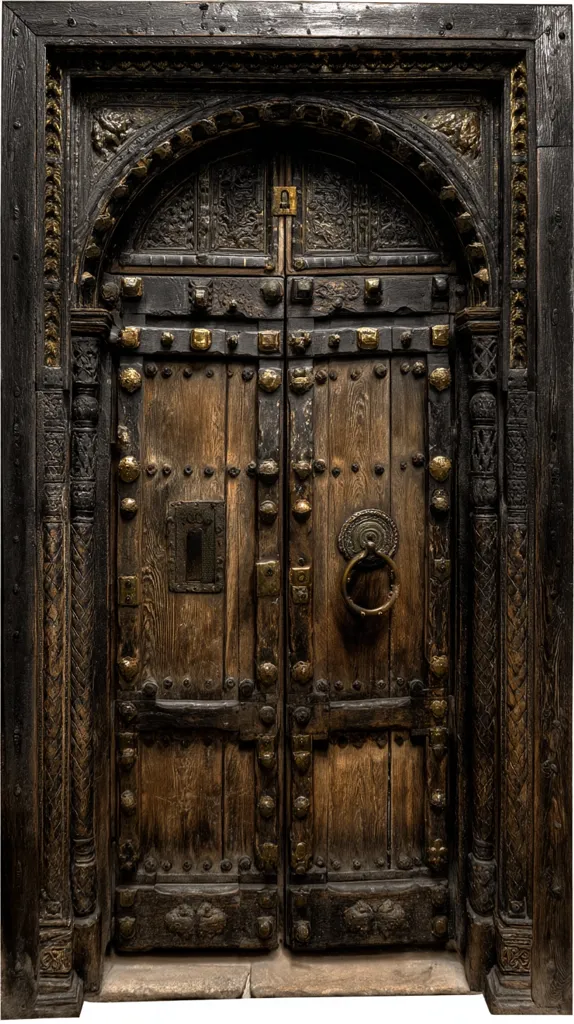 A large, ornate wooden door, dark brown with age, is the focal point.  Intricate carvings adorn the arched frame and the door itself, accented with brass studs and hinges. A heavy, ring-shaped door knocker hangs centrally. The wood shows a rich patina, suggesting significant age and history. The overall style is antique and possibly of Middle Eastern or Mediterranean origin.
