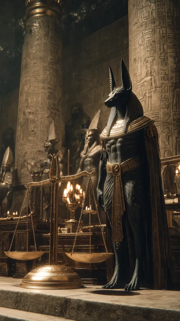 A majestic Anubis statue stands in an ancient Egyptian temple, adorned in gold and black.  Intricate hieroglyphs cover the temple walls.  A golden scale sits in the foreground, suggesting themes of judgment or weighing souls.  The scene is dimly lit, creating a mysterious and reverent atmosphere.  Other smaller statues are visible in the background, adding to the grandeur of the setting.