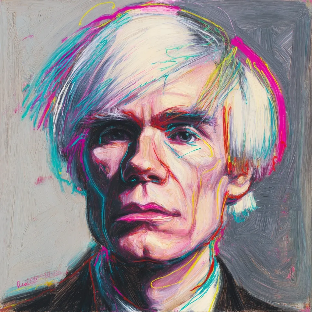 A vibrant, expressive portrait of Andy Warhol, rendered in bold strokes of color.  His signature platinum blonde hair is depicted with energetic brushwork, contrasting with the more defined features of his face.  The background is a muted gray, allowing the artist's use of bright pinks, blues, and yellows to stand out, creating a dynamic and captivating image. The style is reminiscent of impasto, with visible texture adding depth.