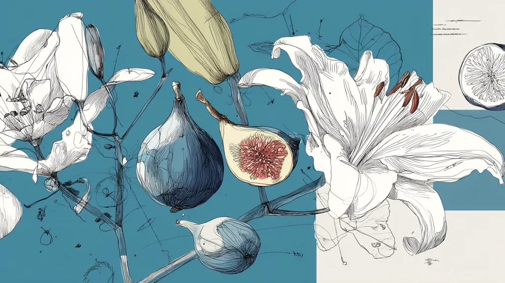 A stylized illustration features a teal background adorned with detailed line drawings.  Three figs, one halved, are prominently displayed, alongside delicate lilies rendered in black and white.  A segment of a citrus fruit adds a pop of color in the corner, complementing the overall botanical theme. The style is reminiscent of botanical sketches with a modern, abstract twist.