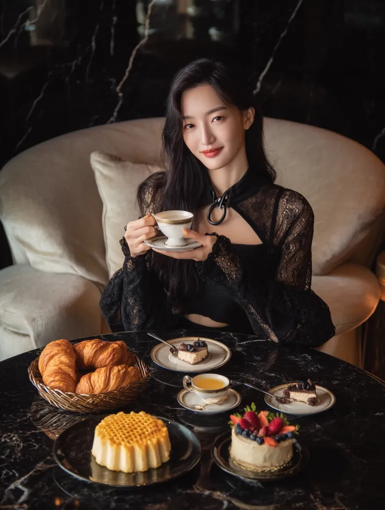 A young woman with long dark hair sits on a plush chair, elegantly holding a teacup. She's dressed in a black lace top.  A dark marble table in front of her displays an array of pastries: croissants in a basket, a honey-comb cake, and several small cakes with berries and chocolate ganache.  The scene is luxurious and intimate, suggesting a sophisticated afternoon tea.