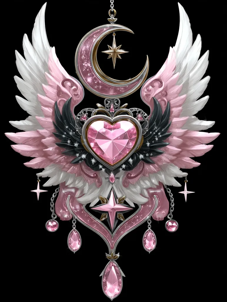 A digital illustration showcases an ornate pendant, featuring a central pink heart-shaped gemstone.  The pendant is flanked by large, stylized pink and white wings, and incorporates a crescent moon, stars, and dangling pink gems.  The metallic elements are silver and gold, creating a celestial, romantic aesthetic. The intricate details and sparkling gems give the piece a magical quality.