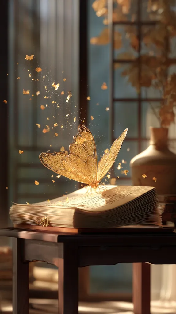 A golden, intricately detailed butterfly rests on an antique book, open on a dark wooden table.  Golden particles float in the air, creating a magical, ethereal ambiance.  The scene is bathed in warm, soft light, suggesting a tranquil and mystical setting.  The background features a blurred, muted backdrop with hints of dried flowers and a vase.