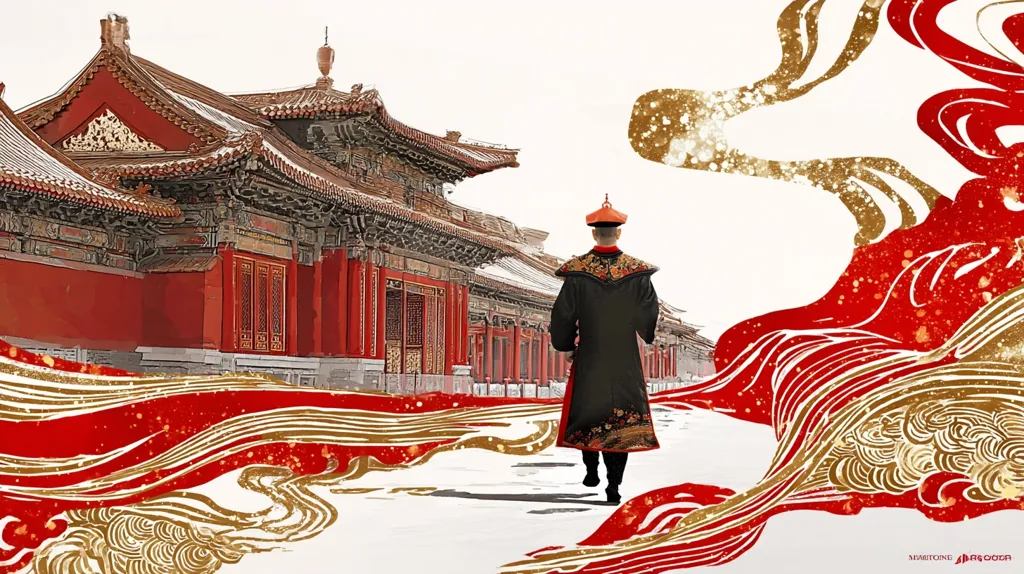 A regal figure in traditional Chinese attire walks away from a majestic red palace.  The scene is elegantly depicted with swirling red and gold patterns, suggesting movement and prosperity. The artwork evokes a sense of history, tradition, and imperial grandeur, possibly representing a moment of reflection or departure from the imperial court. The overall style is artistic and stylized, not strictly realistic.