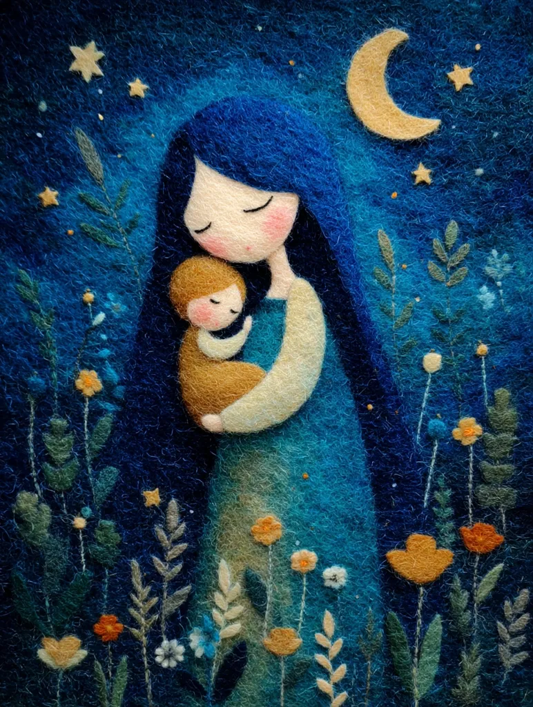 A needle-felted artwork depicts a serene nighttime scene. A mother with long blue hair gently cradles her child, bathed in the soft glow of a crescent moon and scattered stars.  They stand amidst a field of delicate wildflowers, creating a peaceful and tender atmosphere. The texture of the felt is visible, adding to the artwork's whimsical charm.