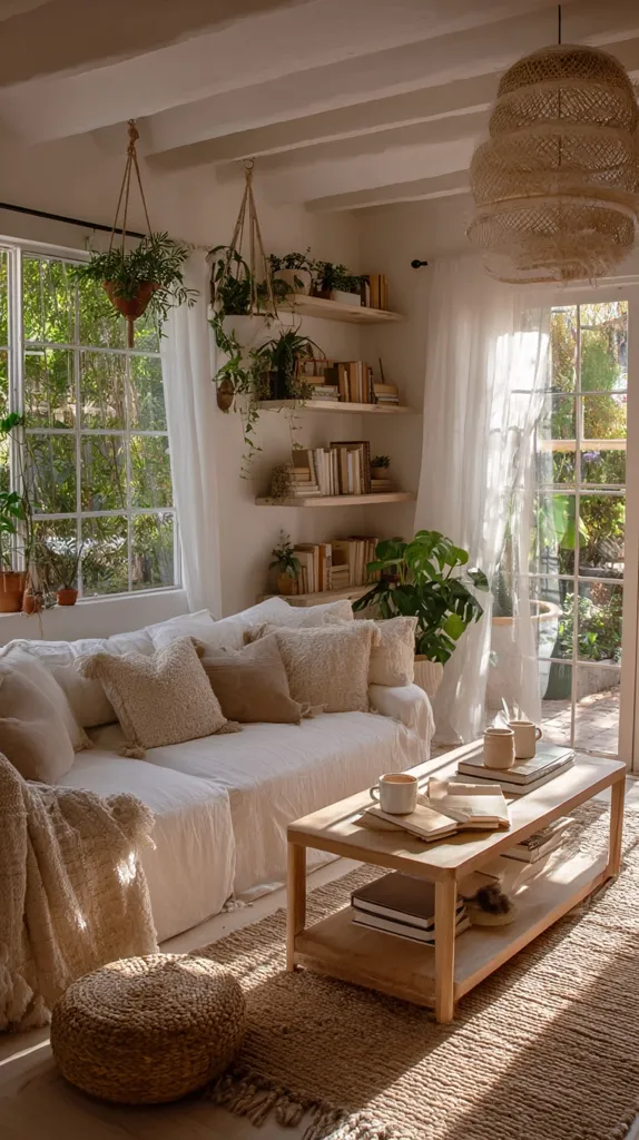 A sunlit living room features a beige linen sofa adorned with textured cushions, a jute rug, and a light wood coffee table.  Books and mugs rest on the table.  Shelves hold books and potted plants, and hanging plants add to the room's natural, bohemian aesthetic.  Large windows and sheer curtains create a bright, airy space.  A woven pendant light hangs overhead.