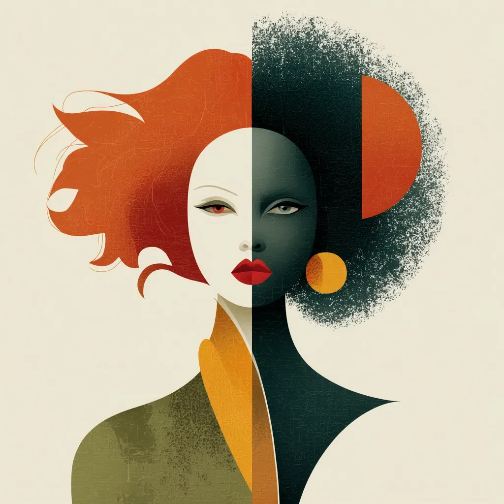A stylized portrait of a woman, her face split into two distinct halves representing different ethnicities.  One side features fiery red hair and pale skin, the other, dark skin and an afro.  Bold colors and a textured, graphic style create a striking visual contrast, exploring themes of duality and identity.  The woman's expression is serious and direct.