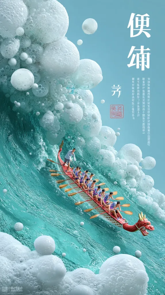 A dragon boat team powerfully rows through a turquoise wave, surrounded by large, ethereal foam bubbles.  The scene is vibrant and surreal, suggesting a powerful yet gentle energy. The boat is intricately detailed, and the team members are focused and determined. The overall composition evokes a sense of dynamism and celebration.