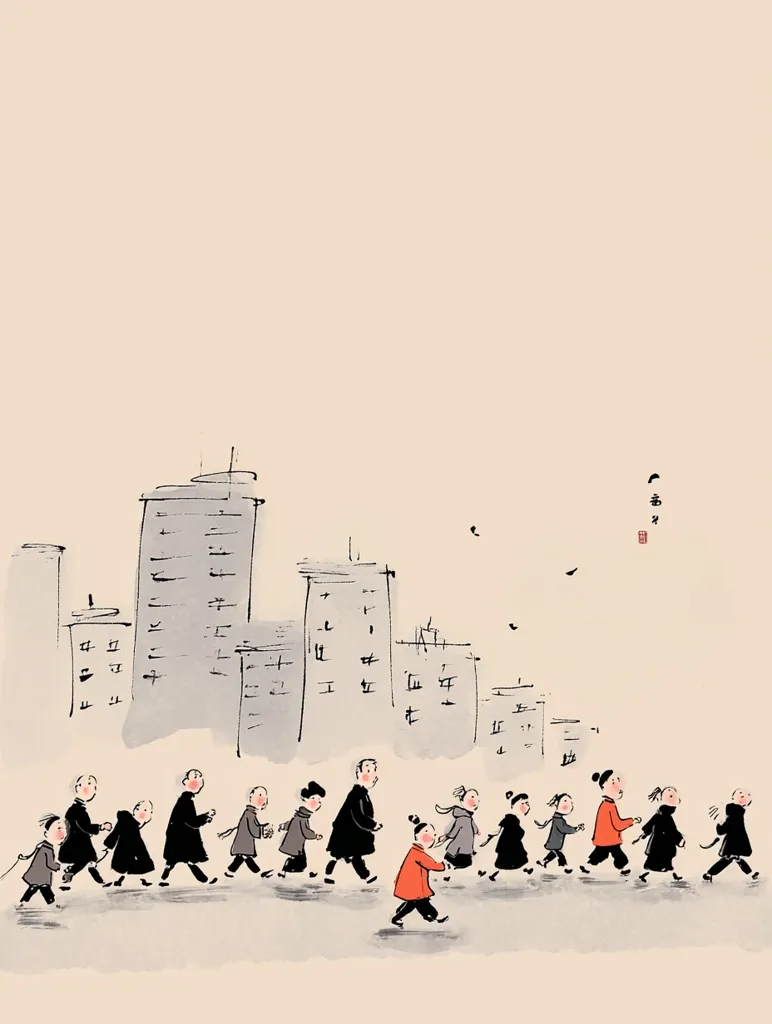 A minimalist ink painting depicts a procession of people walking along a city street.  The figures are simply rendered, mostly in dark grey, with a few splashes of red.  Tall, slender buildings form a backdrop, suggesting a modern cityscape.  The overall style is evocative of East Asian art, with a focus on line and negative space.  The scene is peaceful and subtly conveys a sense of movement and community.
