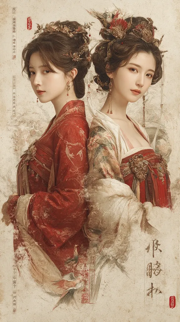 Two women, elegantly dressed in rich, red and cream-colored Hanfu-style garments, stand back-to-back.  Their elaborate hairstyles are adorned with intricate gold headpieces and jeweled ornaments. The image evokes a sense of ancient Chinese royalty or nobility, with a painterly, almost ethereal quality to the composition.  The muted color palette and textured background enhance the overall artistic effect.