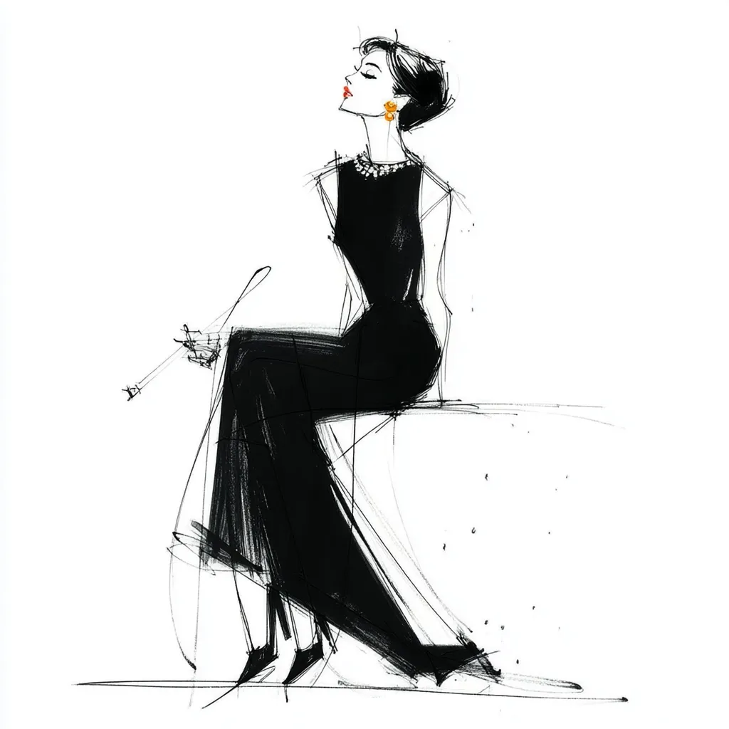 A stylishly sketched woman in a flowing black gown sits pensively, a cigarette holder delicately held in her hand.  Her short dark hair and elegant earrings add to her sophisticated appearance. The loose, expressive style of the drawing creates a sense of movement and grace. The monochromatic palette emphasizes the elegance of the figure and her attire.