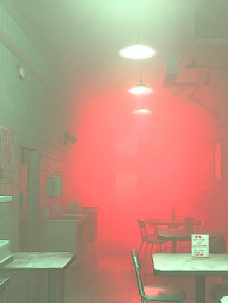 A dimly lit, hazy interior of what appears to be a diner or cafeteria.  The walls are a muted green, while a red fog or light fills the back half of the space.  Several tables and chairs are visible, mostly obscured by the haze.  Pendant lights hang from the ceiling, casting a soft glow. The atmosphere is eerie and somewhat unsettling.