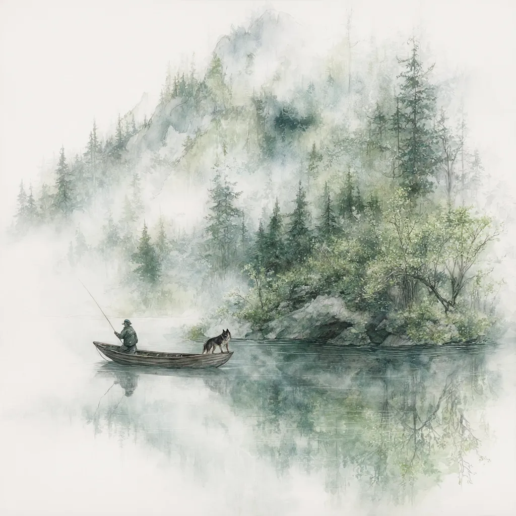 A serene watercolor painting depicts a lone fisherman in a small boat on a calm lake, a loyal dog standing beside him.  Misty fog hangs low over the tranquil water, partially obscuring a lush, green forest covering the hills in the background. The scene evokes a sense of peace and solitude in nature. The reflection of the trees and the boat is mirrored perfectly on the still water's surface.