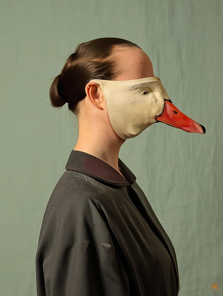 A woman with dark hair styled in a bun wears a dark, collared dress.  Her face is mostly obscured by a realistic swan mask, covering her nose and mouth, only her forehead and part of her eyes are visible. The mask is detailed, showing the swan's head and beak in vibrant colors against the muted background.  The overall image is a striking and surreal portrait.