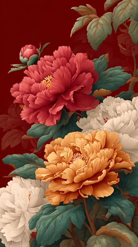 A vibrant illustration showcases a cluster of peonies in varying hues of red, gold, and white.  The blooms are richly detailed, with their layered petals and delicate stamens rendered with precision. Deep green leaves surround the flowers, set against a deep burgundy background, creating a striking contrast and emphasizing the floral artistry. The overall style suggests a classical or vintage aesthetic.