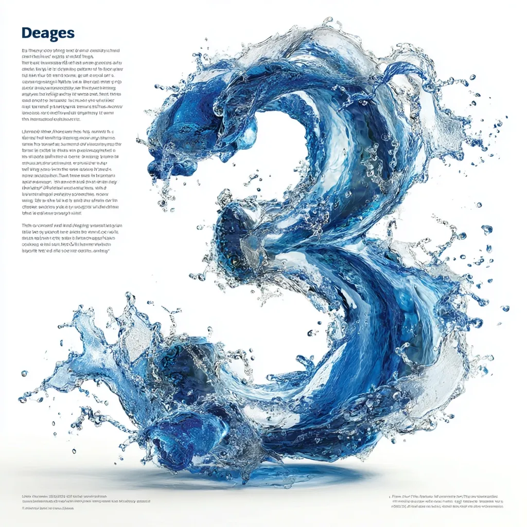 A dynamic image showcases the number three sculpted from splashing, vibrant blue water.  The water appears in motion, creating a sense of energy and fluidity. The number is presented against a stark white background, emphasizing the water's texture and movement.  The overall effect is visually striking and suggests themes of freshness, movement, and perhaps, progress or advancement.