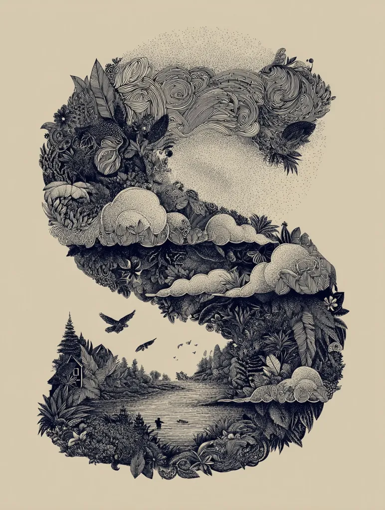 A meticulously detailed ink drawing depicts the letter "S" formed from a lush, vibrant landscape.  Intricate line work portrays a scene of clouds, trees, a calm lake, a small house, and flying birds. The style is reminiscent of botanical illustration, with each element intricately rendered, creating a harmonious and captivating composition. The overall effect is both organic and artistic.