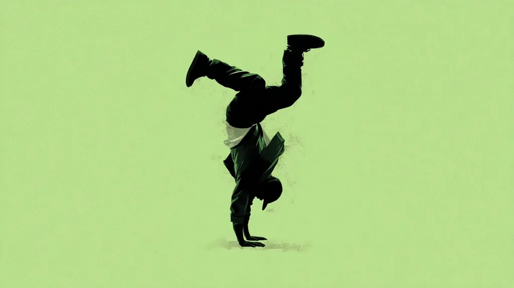 A stylized silhouette of a breakdancer performing a handstand against a light green background.  The dancer is depicted in dark green tones, their body forming a fluid, dynamic arc.  The image emphasizes movement and energy, showcasing the athleticism of breakdancing.  The minimalist style and color palette create a striking visual effect.