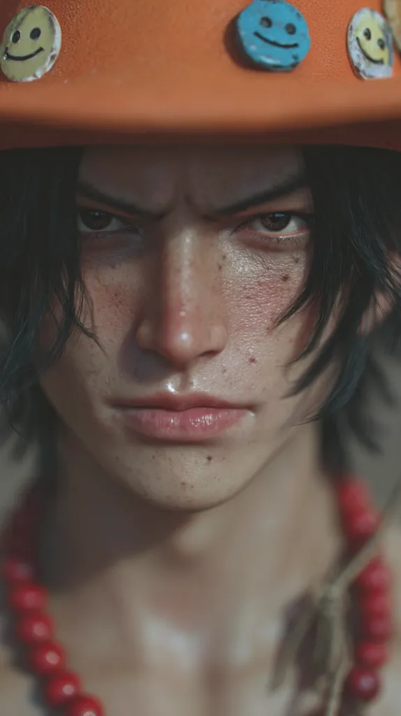 A close-up portrait of a young man with dark hair, freckles, and a serious expression. He wears an orange hat adorned with smiley-face pins and a red beaded necklace.  The image is highly detailed, focusing on the texture of his skin and the intensity of his gaze. The overall mood is contemplative and slightly melancholic.