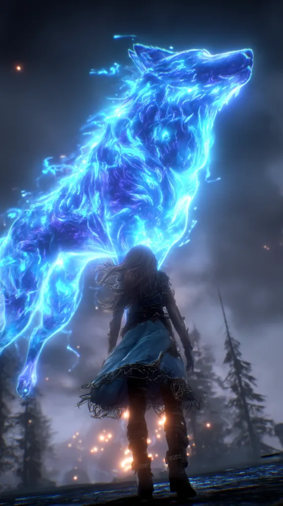A woman in a blue dress stands before a luminous, spectral wolf, its form composed of swirling blue energy.  The ethereal wolf appears to be a magical creature, glowing brightly against the dark, atmospheric background of a misty forest. Sparks and glowing embers are scattered on the ground, adding to the mystical ambiance. The scene is evocative of fantasy and magic.