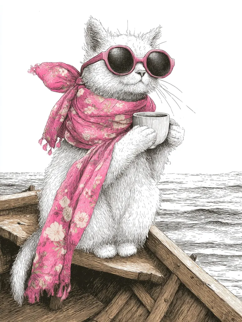 A stylish white cat, wearing pink sunglasses and a floral scarf, sits in a weathered wooden rowboat on a calm sea.  The cat serenely holds a small cup, appearing to enjoy a beverage while gazing out at the water.  The detailed ink drawing showcases a charming and peaceful scene.