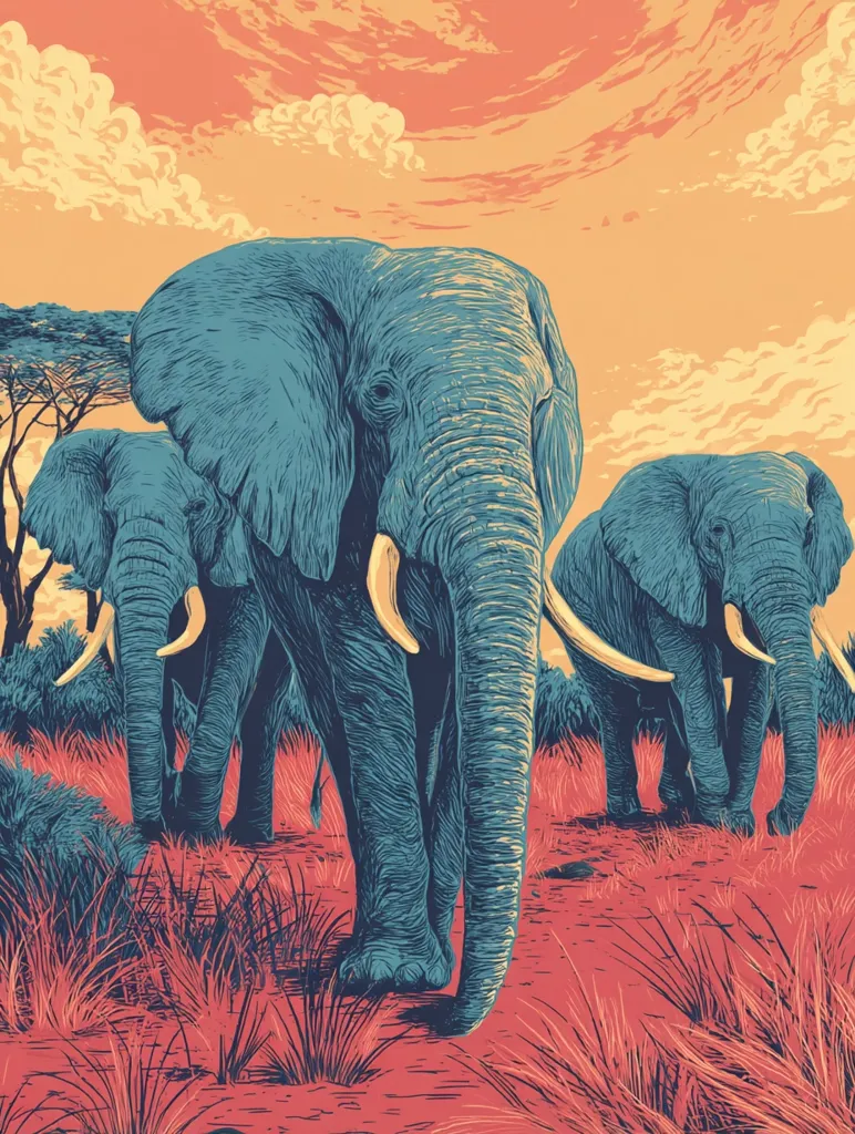 A stylized illustration depicts three African elephants traversing a reddish-hued savanna under a vibrant sunset.  The elephants are rendered in teal and blue, their textured skin detailed against the warm-toned background.  Silhouetted trees are visible in the distance, adding depth to the scene. The overall style is bold and graphic, emphasizing the elephants' powerful presence.
