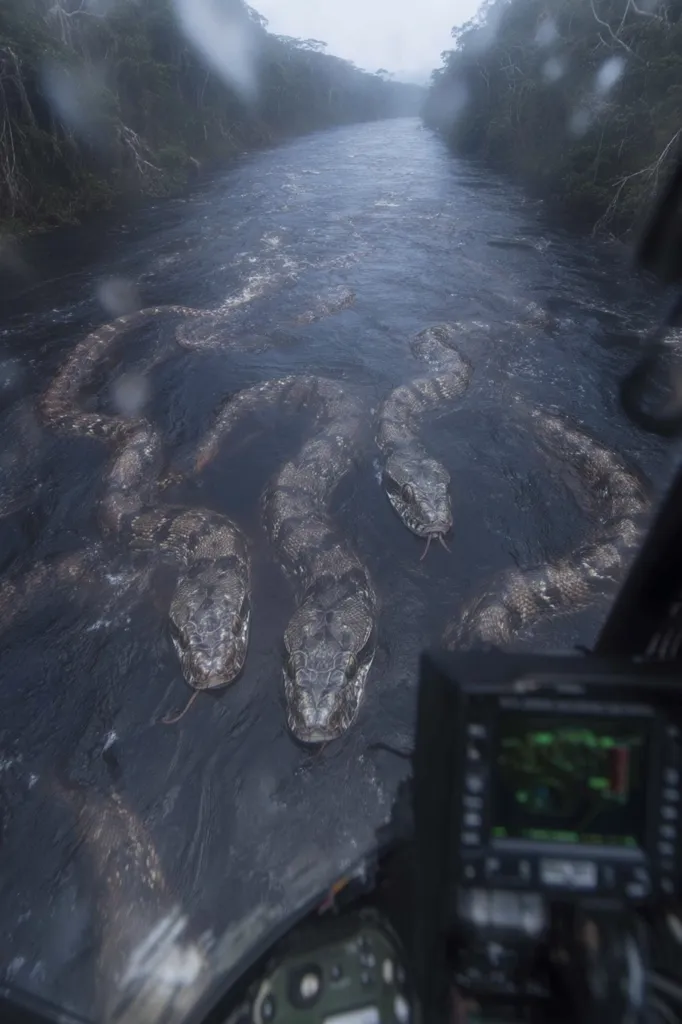 A helicopter's view shows several large snakes swimming in a dark, rain-swept river.  The water is murky, and the rainforest banks are visible in the background. The snakes appear dark gray or brown, their bodies partially submerged. The image suggests a remote, possibly dangerous location. Rain droplets are visible on the helicopter's windshield.