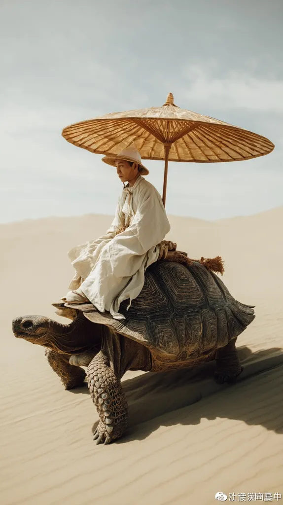 A man in flowing beige robes and a straw hat sits atop a giant tortoise traversing a sandy desert under a large, straw parasol. The scene is serene and evocative, suggesting a journey or pilgrimage. The man's calm demeanor contrasts with the vast, empty landscape, creating a striking visual narrative.  The image is highly stylized, with a focus on texture and color.
