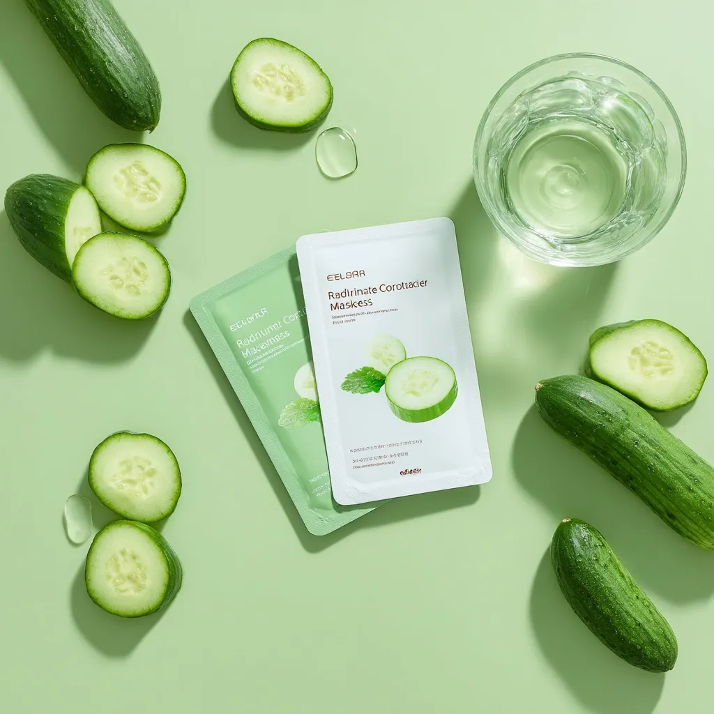 A flat lay showcasing EelHoar Radirinate Corottader Mask sheets, alongside fresh cucumber slices and a glass of water.  The pale green background complements the cucumber theme. The image suggests a refreshing and hydrating skincare routine, emphasizing the mask's natural ingredients.  The packaging highlights the product name and key features in both English and Korean.