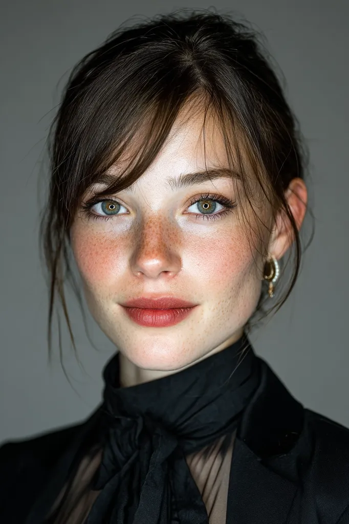 Close-up portrait of a young woman with fair skin and freckles.  She has shoulder-length brown hair styled with side-swept bangs and is wearing a black collared shirt with a bow tie detail. Her green eyes are accentuated by subtle makeup, and she has a soft, natural smile.  The background is a muted grey.