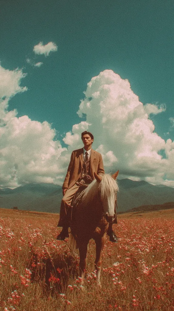 A man in a brown suit sits astride a light brown horse in a field of reddish-orange wildflowers.  The sky is a teal blue, dotted with fluffy white clouds.  Mountains are visible in the distance, creating a dramatic, vintage-style landscape. The overall aesthetic is reminiscent of a retro film still or a stylized photograph.
