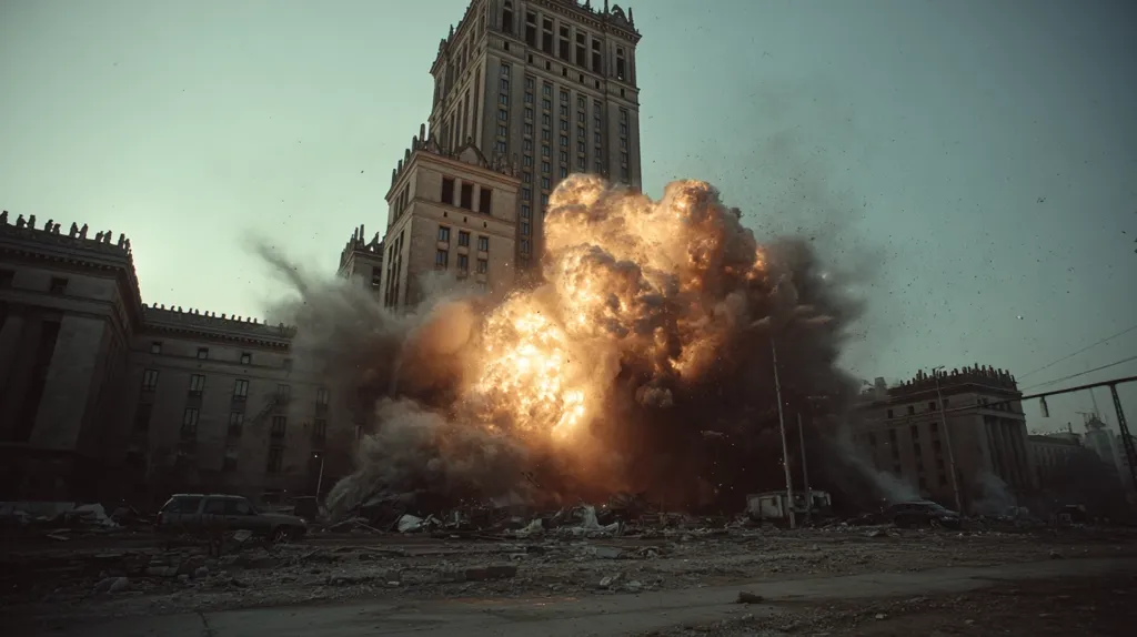 A massive explosion engulfs a large building, sending debris and smoke billowing into the air.  The building, a tall structure with many windows, appears to be severely damaged.  Surrounding buildings are also affected, with dust and rubble strewn across the street.  The scene is chaotic and suggests a significant act of destruction, possibly a bombing or demolition. The sky is overcast and muted in tone.