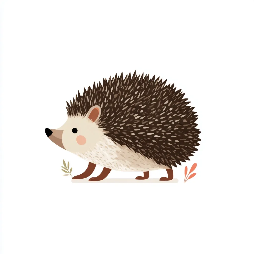 A cute cartoon hedgehog walks to the right.  Its brown quills are detailed, and its face is light beige with rosy cheeks.  Small sprigs of foliage are subtly placed near its feet, adding a touch of nature to the simple, white background. The hedgehog's posture and expression are friendly and inviting.