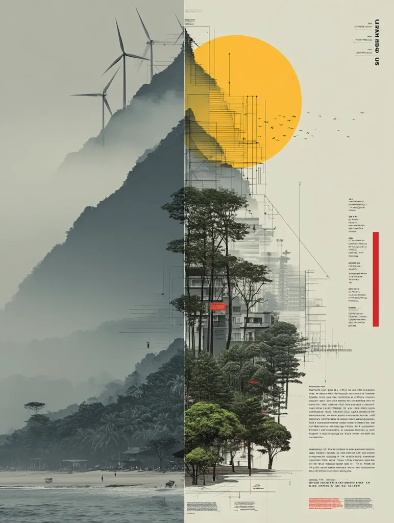 A striking graphic design juxtaposes a misty mountain landscape with wind turbines against an urban scene featuring trees and buildings.  A large yellow circle acts as a sun, while architectural line drawings overlay the urban section. The design evokes themes of contrasting environments, sustainable urban planning, and the integration of nature within cityscapes.  Text on the right provides further context or explanation.