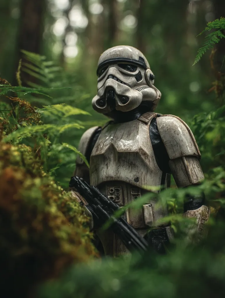 A weathered stormtrooper stands amidst lush green foliage, partially obscured by ferns and moss-covered logs.  Rainwater glistens on its armor, suggesting a recent downpour.  The trooper's blaster is visible, partially concealed by the surrounding vegetation, creating a sense of mystery and camouflage within the dense forest.  The scene evokes a feeling of isolation and hidden patrol.